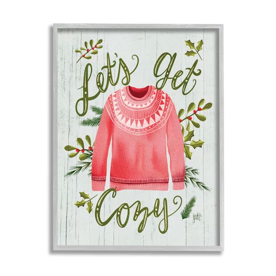 Stupell Industries Let's Get Cozy Holly Plants Pink Winter Sweater in Frame Wall Art